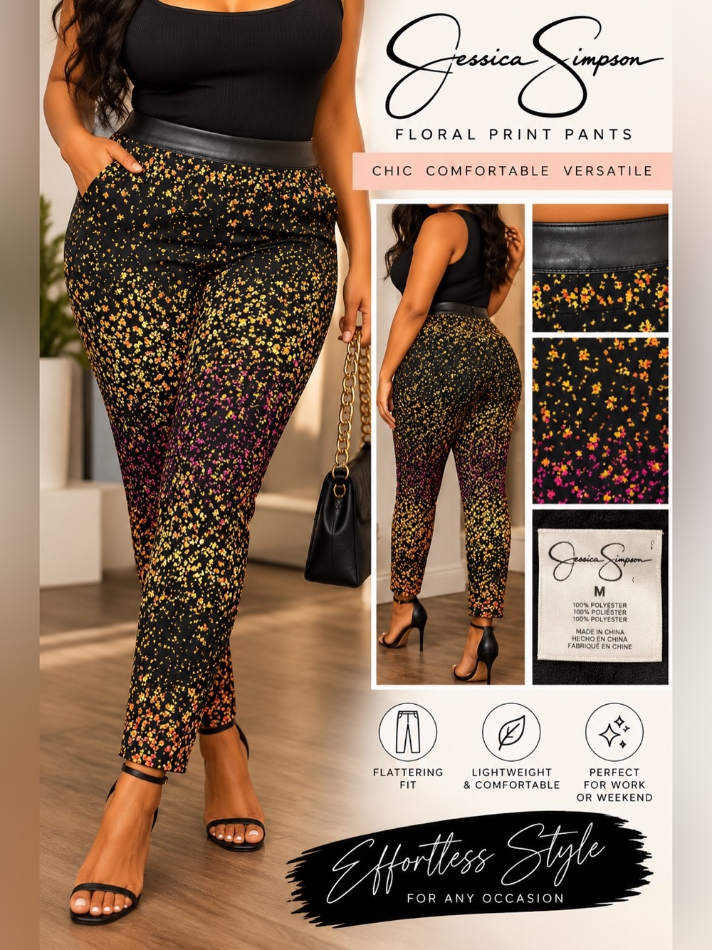 Jessica Simpson Black Floral Print Pants size medium